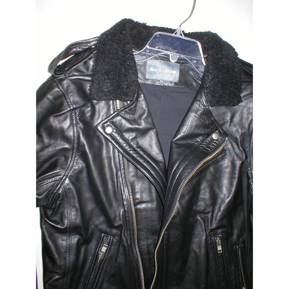 New NWT Mens Designer Slate & Stone Leather Shearling Moto Jacket XL Black Silve - Picture 4 of 7